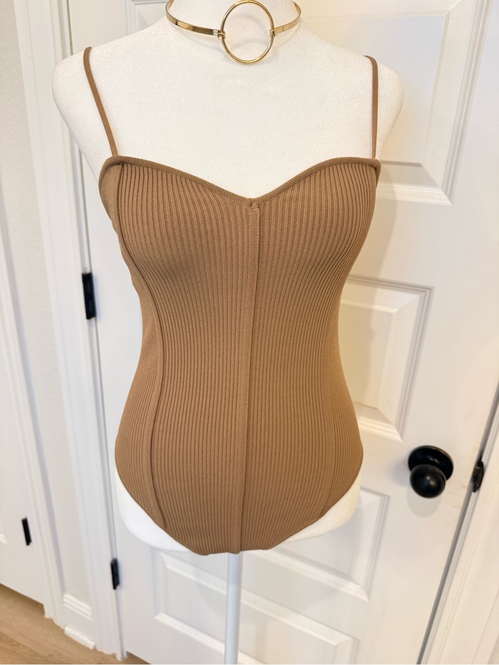 Zara Ribbed Spaghetti-Strap Bodysuit - Brown